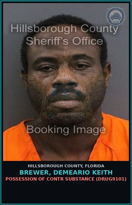 CCW arrest card for BREWER, DEMEARIO KEITH in Hillsborough County: POSSESSION OF contr substance (DRUG9101)