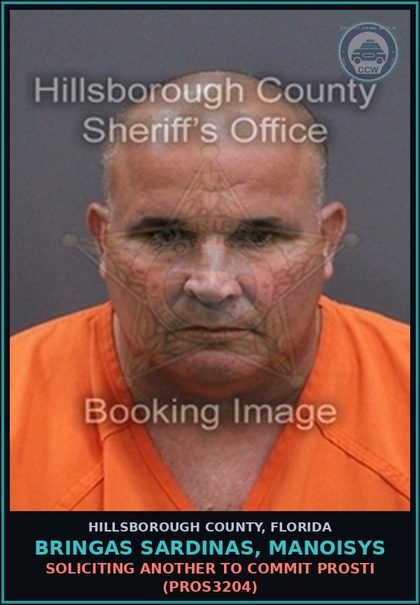 CCW arrest card for BRINGAS SARDINAS, MANOISYS in Hillsborough County: SOLICITING ANOTHER TO COMMIT Prosti (PROS3204)