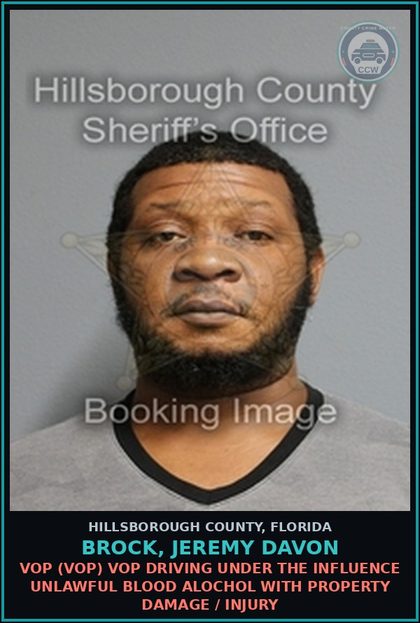 CCW arrest card for BROCK, JEREMY DAVON in Hillsborough County: VOP (VOP) VOP DRIVING UNDER THE INFLUENCE UNLAWFUL BLOOD ALOCHOL WITH PROPERTY DAMAGE / INJURY