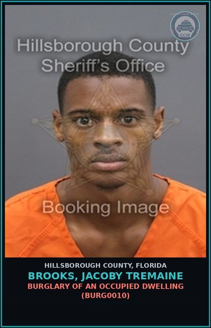CCW arrest card for BROOKS, JACOBY TREMAINE in Hillsborough County: BURGLARY OF AN OCCUPIED DWELLING (BURG0010)