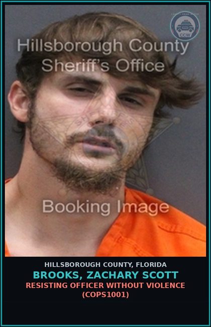 CCW arrest card for BROOKS, ZACHARY SCOTT in Hillsborough County: RESISTING OFFICER WITHOUT VIOLENCE (COPS1001)