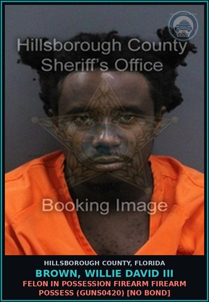 CCW arrest card for BROWN, WILLIE DAVID III in Hillsborough County: FELON IN POSSESSION FIREARM FIREARM POSSESS (GUNS0420) [NO BOND]