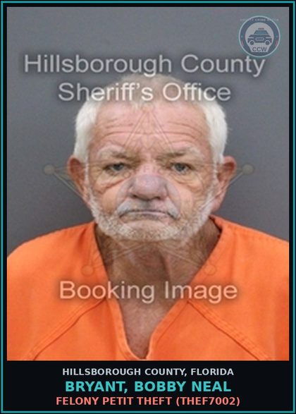CCW arrest card for BRYANT, BOBBY NEAL in Hillsborough County: FELONY PETIT THEFT (THEF7002)