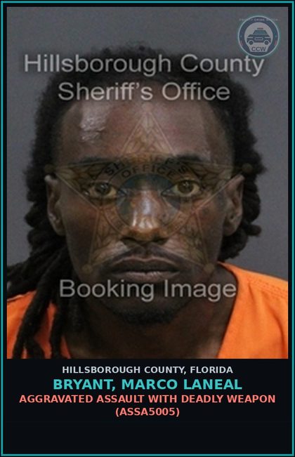 CCW arrest card for BRYANT, MARCO LANEAL in Hillsborough County: AGGRAVATED ASSAULT WITH DEADLY WEAPON (ASSA5005)