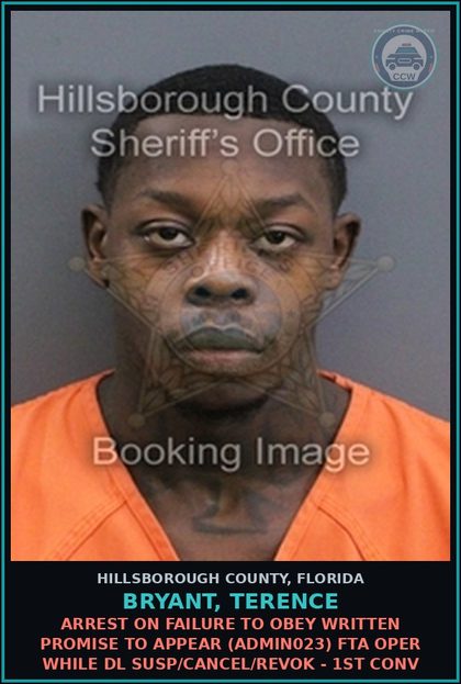 CCW arrest card for BRYANT, TERENCE in Hillsborough County: ARREST ON FAILURE TO OBEY WRITTEN PROMISE TO APPEAR (ADMIN023) FTA OPER WHILE DL SUSP/CANCEL/REVOK - 1ST CONV