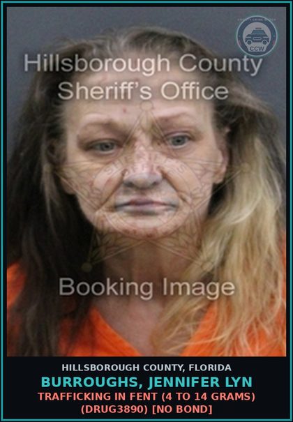 CCW arrest card for BURROUGHS, JENNIFER LYN in Hillsborough County: TRAFFICKING IN Fent (4 TO 14 GRAMS) (DRUG3890) [NO BOND]