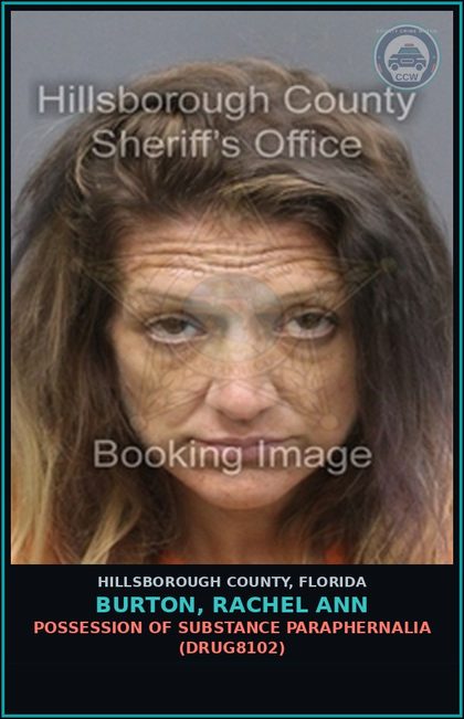CCW arrest card for BURTON, RACHEL ANN in Hillsborough County: POSSESSION OF DRUG PARAPHERNALIA (DRUG8102)