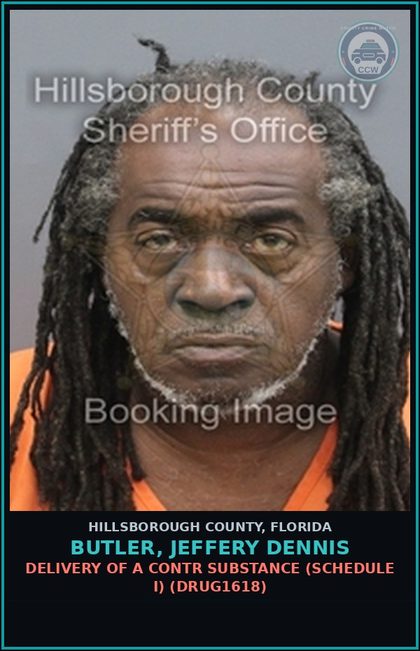 CCW arrest card for BUTLER, JEFFERY DENNIS in Hillsborough County: DELIVERY OF A contr substance (SCHEDULE I) (DRUG1618)