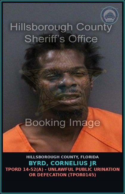 CCW arrest card for BYRD, CORNELIUS JR in Hillsborough County: TPORD 14-52(A) - UNLAWFUL PUBLIC URINATION OR DEFECATION (TPOR0145)