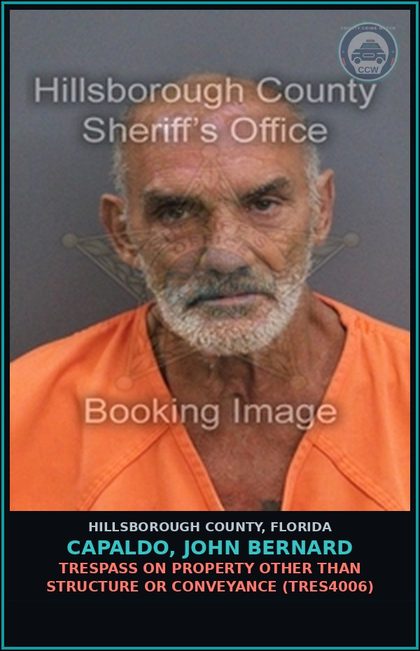 CCW arrest card for CAPALDO, JOHN BERNARD in Hillsborough County: TRESPASS ON PROPERTY OTHER THAN STRUCTURE OR CONVEYANCE (TRES4006)