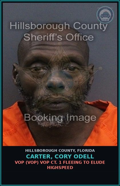 CCW arrest card for CARTER, CORY ODELL in Hillsborough County: VOP (VOP) VOP CT. 1 FLEEING TO ELUDE HIGHSPEED