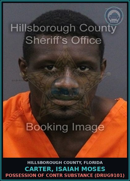 CCW arrest card for CARTER, ISAIAH MOSES in Hillsborough County: POSSESSION OF contr substance (DRUG9101)