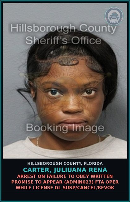 CCW arrest card for CARTER, JULIUANA RENA in Hillsborough County: ARREST ON FAILURE TO OBEY WRITTEN PROMISE TO APPEAR (ADMIN023) FTA OPER WHILE LICENSE DL SUSP/CANCEL/REVOK