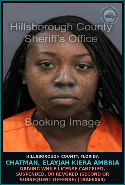 CCW arrest card for CHATMAN, ELAYJAH KIERA AMBRIA in Hillsborough County: DRIVING WHILE LICENSE CANCELED, SUSPENDED, OR REVOKED (SECOND OR SUBSEQUENT OFFENSE) (TRAF6069)