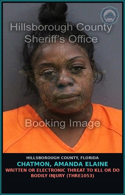 CCW arrest card for CHATMON, AMANDA ELAINE in Hillsborough County: WRITTEN OR ELECTRONIC THREAT TO KILL OR DO BODILY INJURY (THRE1053)
