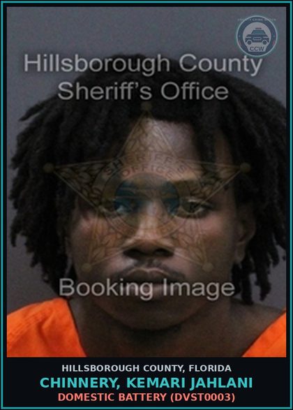 CCW arrest card for CHINNERY, KEMARI JAHLANI in Hillsborough County: DOMESTIC BATTERY (DVST0003)