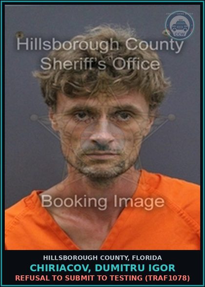 CCW arrest card for CHIRIACOV, DUMITRU IGOR in Hillsborough County: REFUSAL TO SUBMIT TO TESTING (TRAF1078)