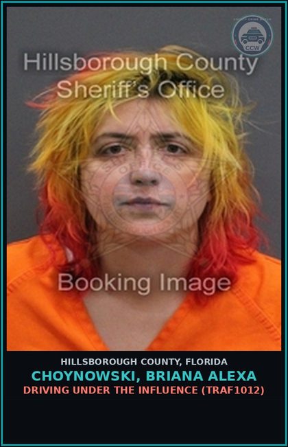 CCW arrest card for CHOYNOWSKI, BRIANA ALEXA in Hillsborough County: DRIVING UNDER THE INFLUENCE (TRAF1012)