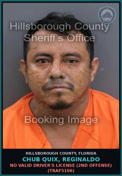 CCW arrest card for CHUB QUIX, REGINALDO in Hillsborough County: NO VALID DRIVER'S LICENSE (2ND OFFENSE) (TRAF5106)