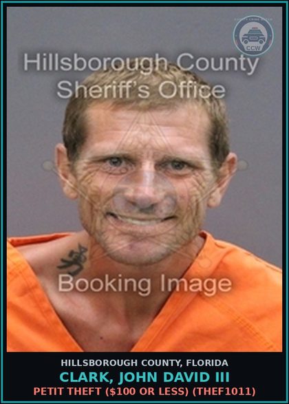CCW arrest card for CLARK, JOHN DAVID III in Hillsborough County: PETIT THEFT ($100 OR LESS) (THEF1011)