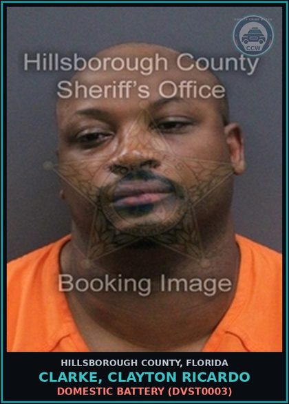 CCW arrest card for CLARKE, CLAYTON RICARDO in Hillsborough County: DOMESTIC BATTERY (DVST0003)
