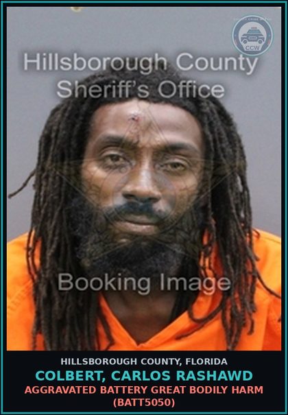 CCW arrest card for COLBERT, CARLOS RASHAWD in Hillsborough County: AGGRAVATED BATTERY GREAT BODILY HARM (BATT5050)