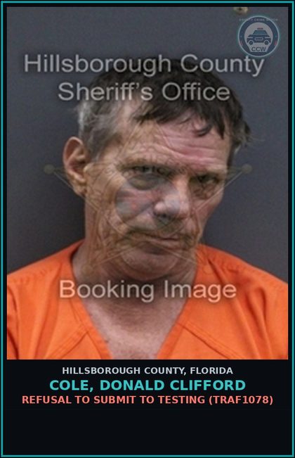 CCW arrest card for COLE, DONALD CLIFFORD in Hillsborough County: REFUSAL TO SUBMIT TO TESTING (TRAF1078)