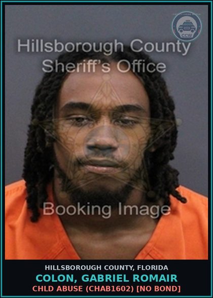 CCW arrest card for COLON, GABRIEL ROMAIR in Hillsborough County: chld ABUSE (CHAB1602) [NO BOND]