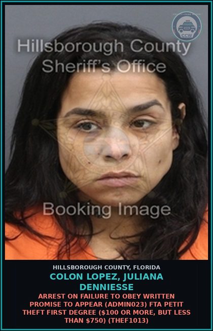 CCW arrest card for COLON LOPEZ, JULIANA DENNIESSE in Hillsborough County: ARREST ON FAILURE TO OBEY WRITTEN PROMISE TO APPEAR (ADMIN023) FTA PETIT THEFT FIRST DEGREE ($100 OR MORE, BUT LESS THAN $750) (THEF1013)