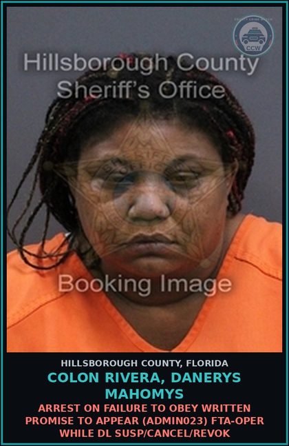 CCW arrest card for COLON RIVERA, DANERYS MAHOMYS in Hillsborough County: ARREST ON FAILURE TO OBEY WRITTEN PROMISE TO APPEAR (ADMIN023) FTA-OPER WHILE DL SUSP/CANCEL/REVOK