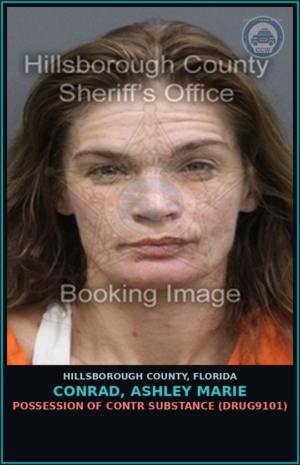 CCW arrest card for CONRAD, ASHLEY MARIE in Hillsborough County: POSSESSION OF contr substance (DRUG9101)