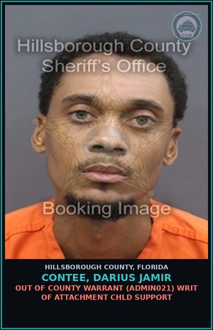 CCW arrest card for CONTEE, DARIUS JAMIR in Hillsborough County: OUT OF COUNTY WARRANT (ADMIN021) WRIT OF ATTACHMENT chld SUPPORT