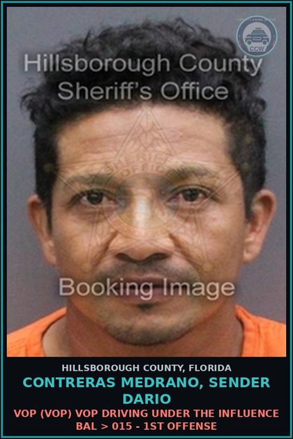 CCW arrest card for CONTRERAS MEDRANO, SENDER DARIO in Hillsborough County: VOP (VOP) VOP DRIVING UNDER THE INFLUENCE BAL > 015 - 1ST OFFENSE