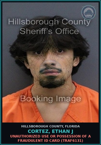 CCW arrest card for CORTEZ, ETHAN J in Hillsborough County: UNAUTHORIZED USE OR POSSESSION OF A FRAUDULENT ID CARD (TRAF6131)