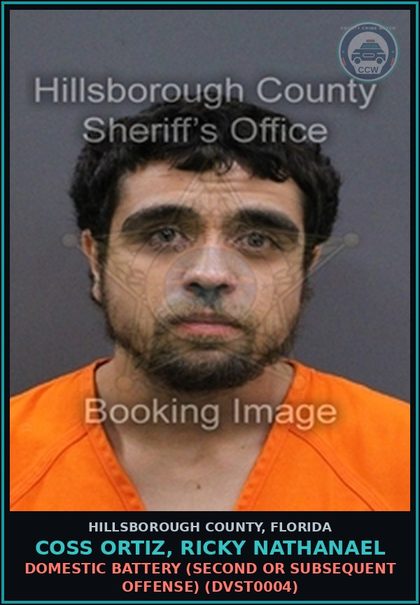 CCW arrest card for COSS ORTIZ, RICKY NATHANAEL in Hillsborough County: DRIVING UNDER THE INFLUENCE (TRAF1012)