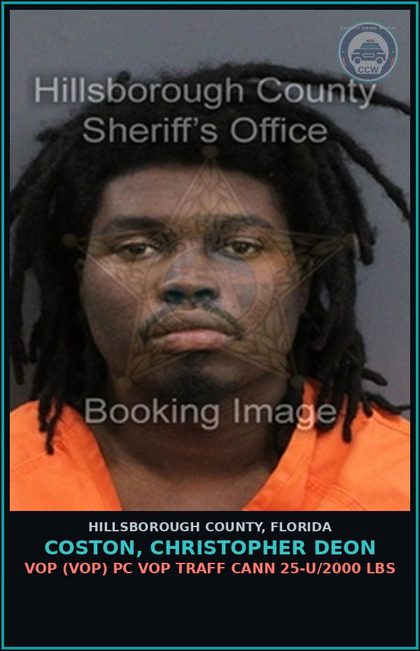 CCW arrest card for COSTON, CHRISTOPHER DEON in Hillsborough County: VOP (VOP) PC VOP TRAFF CANN 25-U/2000 LBS