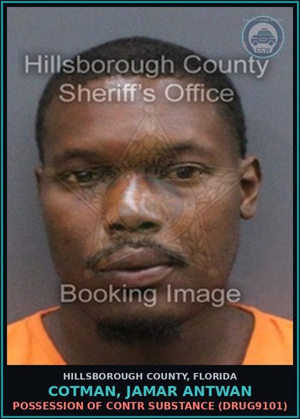 CCW arrest card for COTMAN, JAMAR ANTWAN in Hillsborough County: POSSESSION OF contr substance (DRUG9101)