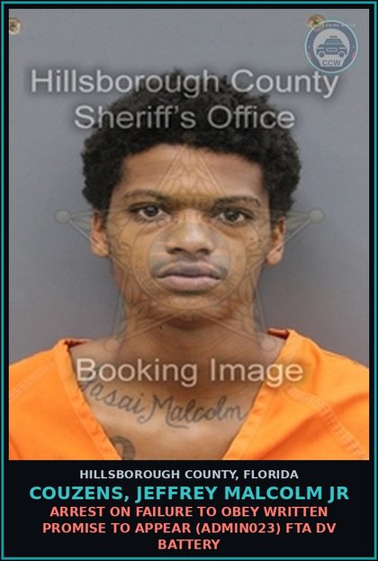 CCW arrest card for COUZENS, JEFFREY MALCOLM JR in Hillsborough County: ARREST ON FAILURE TO OBEY WRITTEN PROMISE TO APPEAR (ADMIN023) FTA DV BATTERY
