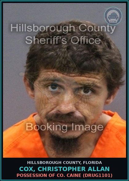 CCW arrest card for COX, CHRISTOPHER ALLAN in Hillsborough County: POSSESSION OF COCAINE (DRUG1101)