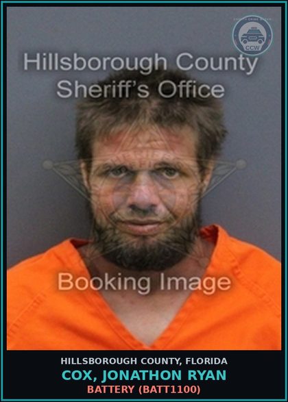 CCW arrest card for COX, JONATHON RYAN in Hillsborough County: BATTERY (BATT1100)