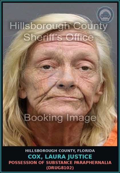 CCW arrest card for COX, LAURA JUSTICE in Hillsborough County: POSSESSION OF DRUG PARAPHERNALIA (DRUG8102)
