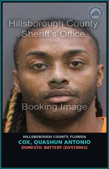 CCW arrest card for COX, QUASHUN ANTONIO in Hillsborough County: DOMESTIC BATTERY (DVST0003)