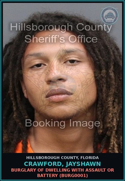 CCW arrest card for CRAWFORD, JAYSHAWN in Hillsborough County: BURGLARY OF DWELLING WITH ASSAULT OR BATTERY (BURG0001)