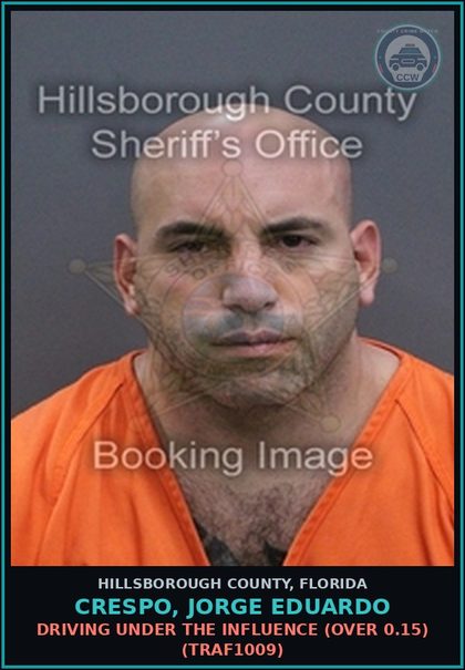 CCW arrest card for CRESPO, JORGE EDUARDO in Hillsborough County: DRIVING UNDER THE INFLUENCE (OVER 0.15) (TRAF1009)