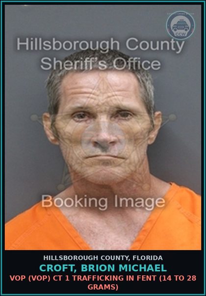 CCW arrest card for CROFT, BRION MICHAEL in Hillsborough County: VOP (VOP) CT 1 TRAFFICKING IN Fent (14 TO 28 GRAMS)