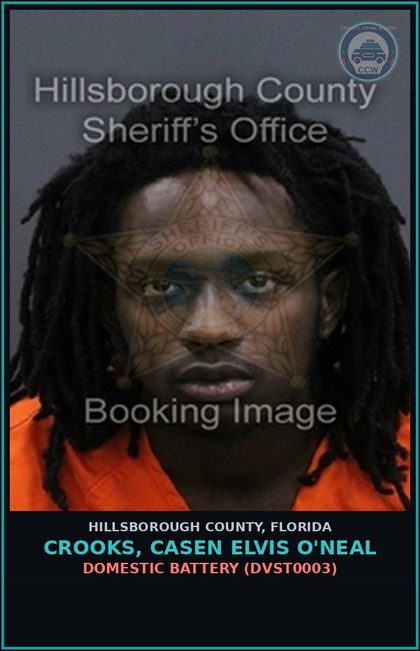 CCW arrest card for CROOKS, CASEN ELVIS O'NEAL in Hillsborough County: DOMESTIC BATTERY (DVST0003)