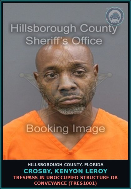 CCW arrest card for CROSBY, KENYON LEROY in Hillsborough County: TRESPASS IN UNOCCUPIED STRUCTURE OR CONVEYANCE (TRES1001)