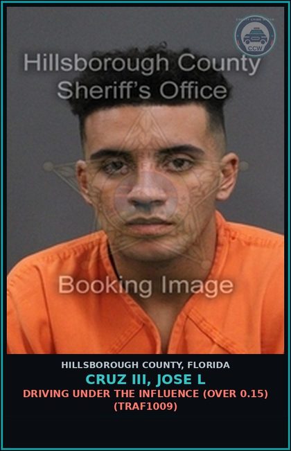 CCW arrest card for CRUZ III, JOSE L in Hillsborough County: DRIVING UNDER THE INFLUENCE (OVER 0.15) (TRAF1009)