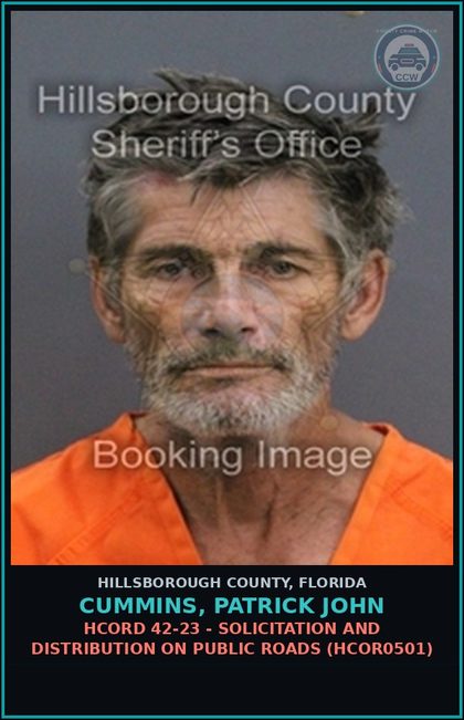 CCW arrest card for CUMMINS, PATRICK JOHN in Hillsborough County: HCORD 42-23 - SOLICITATION AND DISTRIBUTION ON PUBLIC ROADS (HCOR0501)