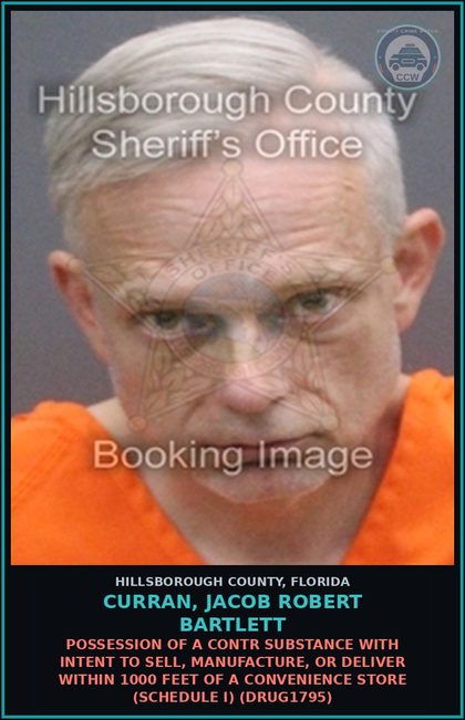 CCW arrest card for CURRAN, JACOB ROBERT BARTLETT in Hillsborough County: POSSESSION OF A contr substance WITH INTENT TO SELL, MANUFACTURE, OR DELIVER WITHIN 1000 FEET OF A CONVENIENCE STORE (SCHEDULE I) (DRUG1795)